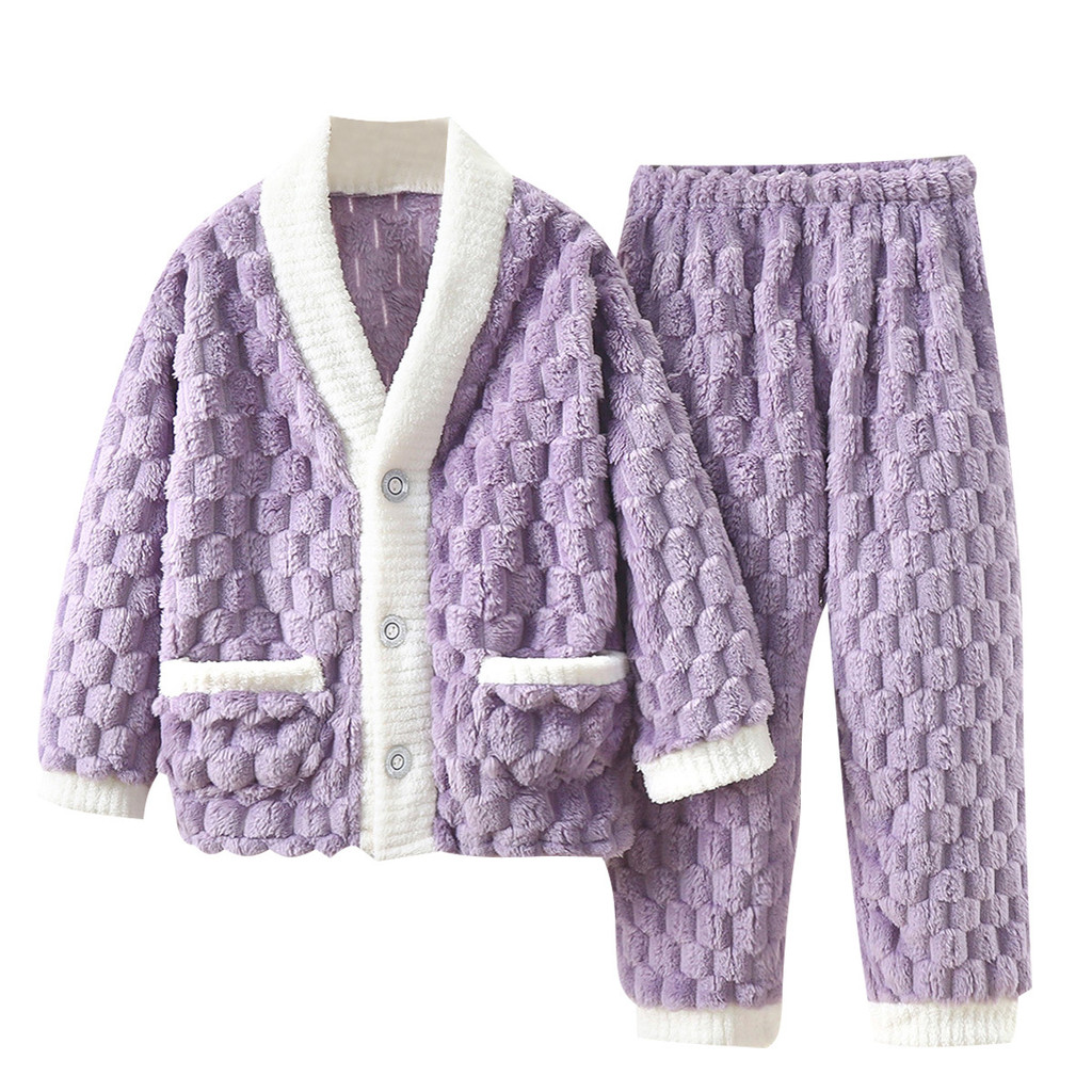 Trẻ Em Flannel Bộ Đồ Ngủ Thu Đông Dày Jacquard Cánh Cứng Lông Cừu Dài Tay Quần Vừa Lớn Trẻ Em Màu Trơn Cardigan Loungewear 90-160 QWQ