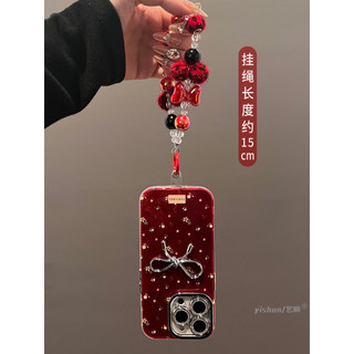 Phim Bảo Vệ Ống Kính Lấp Lánh 3D Nơ Hoa Đỏ Wrsit Dây Xích Ốp Lưng Điện Thoại iPhone 17Promax 16 Pro Max 11 12 13 14 15 Promax Nữ Vỏ Di Động