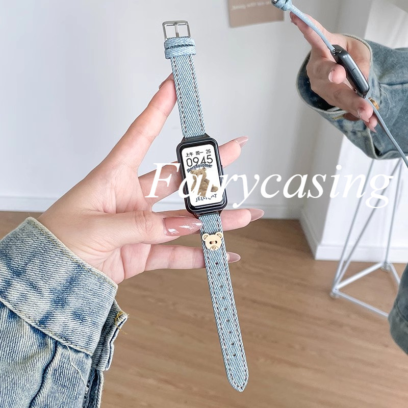 Dây đeo đồng hồ cao bồi gấu nhỏ dễ thương cho Huawei Band 11 Pro 10 9 8 Dây đeo đồng hồ Denim cho Honor Band 9 Vòng đeo tay thay thế