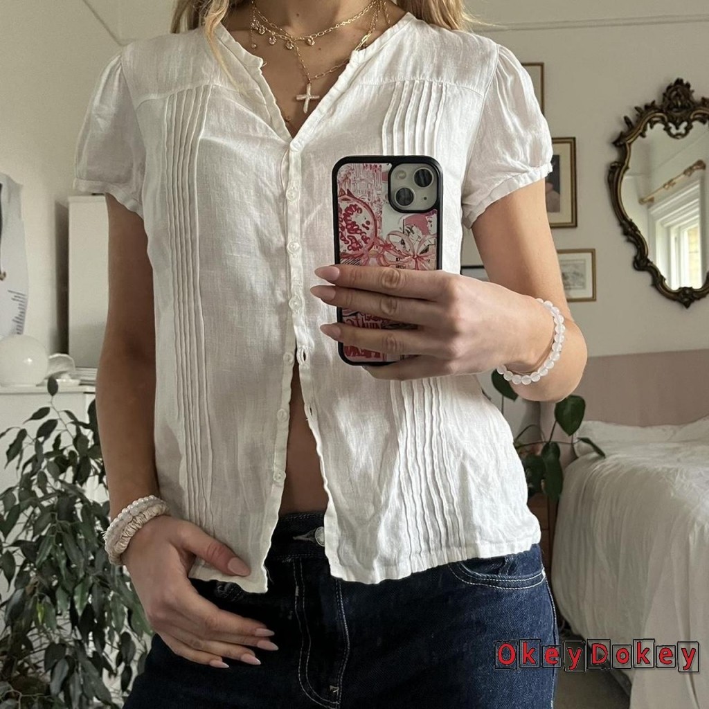 Okdk-áo sơ mi ngắn tay cổ chữ V màu trắng trơn sành điệu cho mùa hè