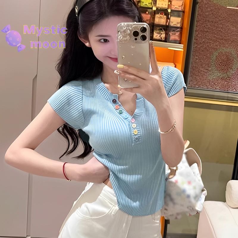 [Huyền bí] Nút đầy màu sắc mùa hè Áo thun dệt kim ngắn tay nửa cổ hở Áo thun nữ tay ngắn [Mới]