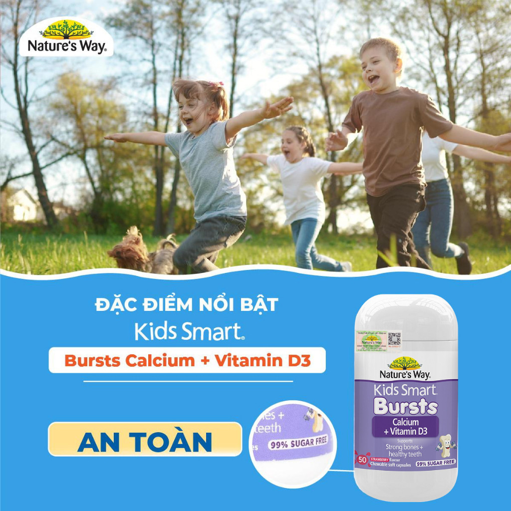 Viên Nhai Canxi Sữa Cho Bé Nature’s Way Kids Smart Calcium + Vitamin D3 Burstlets, Hỗ Trợ Xương Và Răng Chắc Khỏe 50v/h