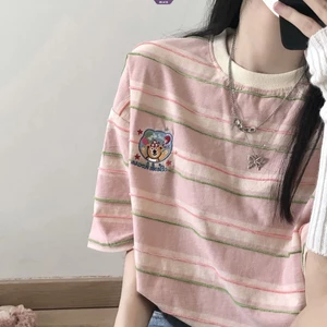 Áo thun ngắn tay sọc in hình gấu vuông dễ thương dành cho nữ mùa hè dáng rộng Áo giảm tuổi màu hồng thường ngày [BL]