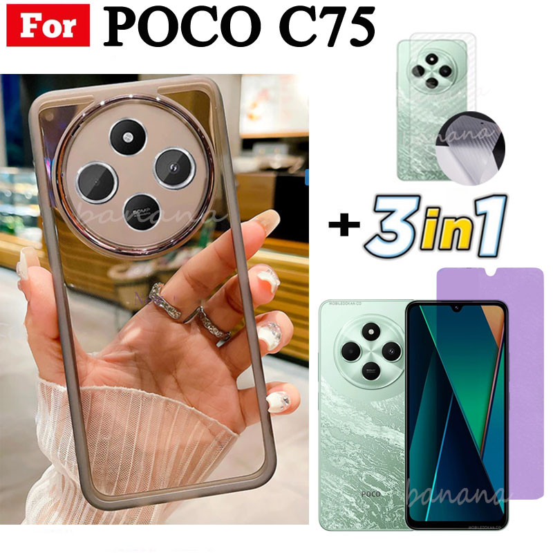 Vỏ điện thoại trong suốt bằng silicon mềm TPU 3 trong 1 Poco C75 C65 C61 có vỏ bảo vệ Camera + Kính cường lực riêng tư + Phim mặt sau