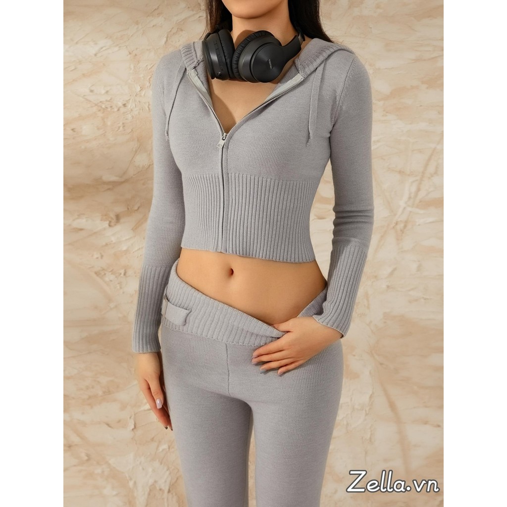 Phụ Nữ Mùa Thu 2 Bộ Trang Phục Dài Tay Dây Kéo Slim Fit Có Mũ Trùm Đầu + Bộ Quần Dài Eo Cao