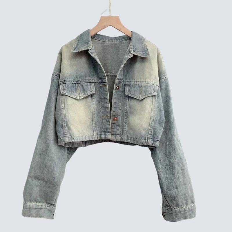 Áo khoác jean croptop nữ, áo chống nắng nữ freesize form thường phối túi lật màu loang phong cách cá tính- AK016