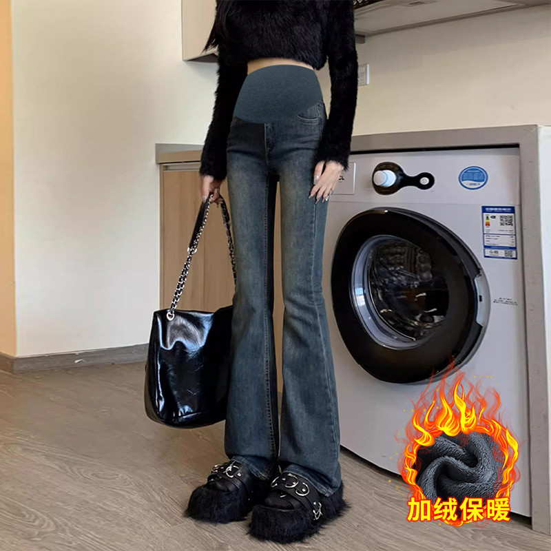 Quần Jean Bà Bầu Mùa Thu Đông Lót Lông Cừu Giữ Ấm Tùy Chọn Thời Trang Micro-Flared Cao Cấp
