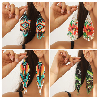 1 đôi bông tai tua rua dài hạt gạo cổ điển dành cho nữ, bông tai dệt thủ công Bohemian