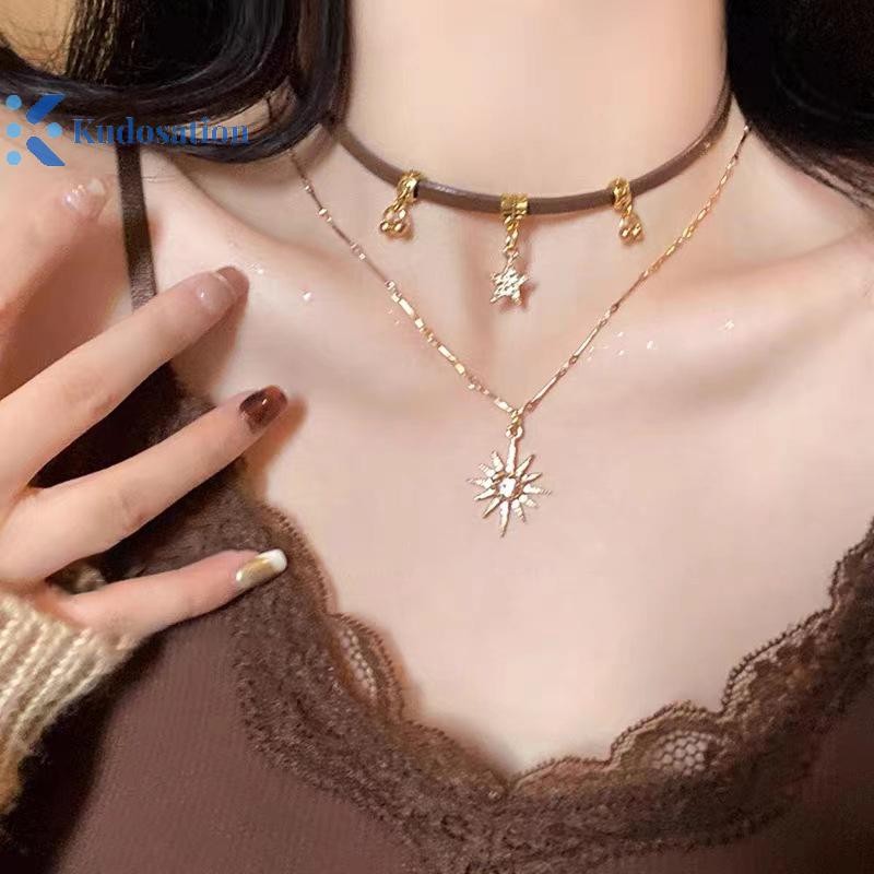 Kudosation Thời Trang Nữ Vintage Da Vòng Cổ Choker Hai Lớp Ngôi Sao Mặt Dây Chuyền Trang Sức Dây Xích Có Thể Điều Chỉnh