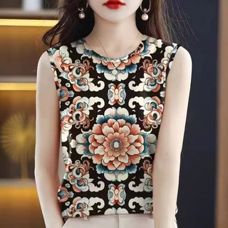 Mùa Hè 2025 Cổ Tròn Phong Cách Dân Tộc In Hình Băng Lụa Áo Nữ Trung Niên Người Cao Tuổi Không Tay Top