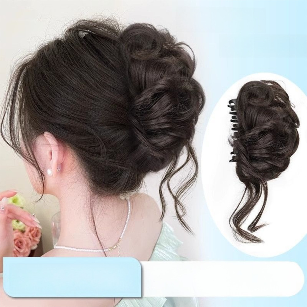 [Vận chuyển nhanh] Bộ tóc giả đầu Bun SIMPLEAID, Kẹp móng vuốt tóc tổng hợp lông tơ, Phụ kiện tóc xoăn màu nâu tự nhiên