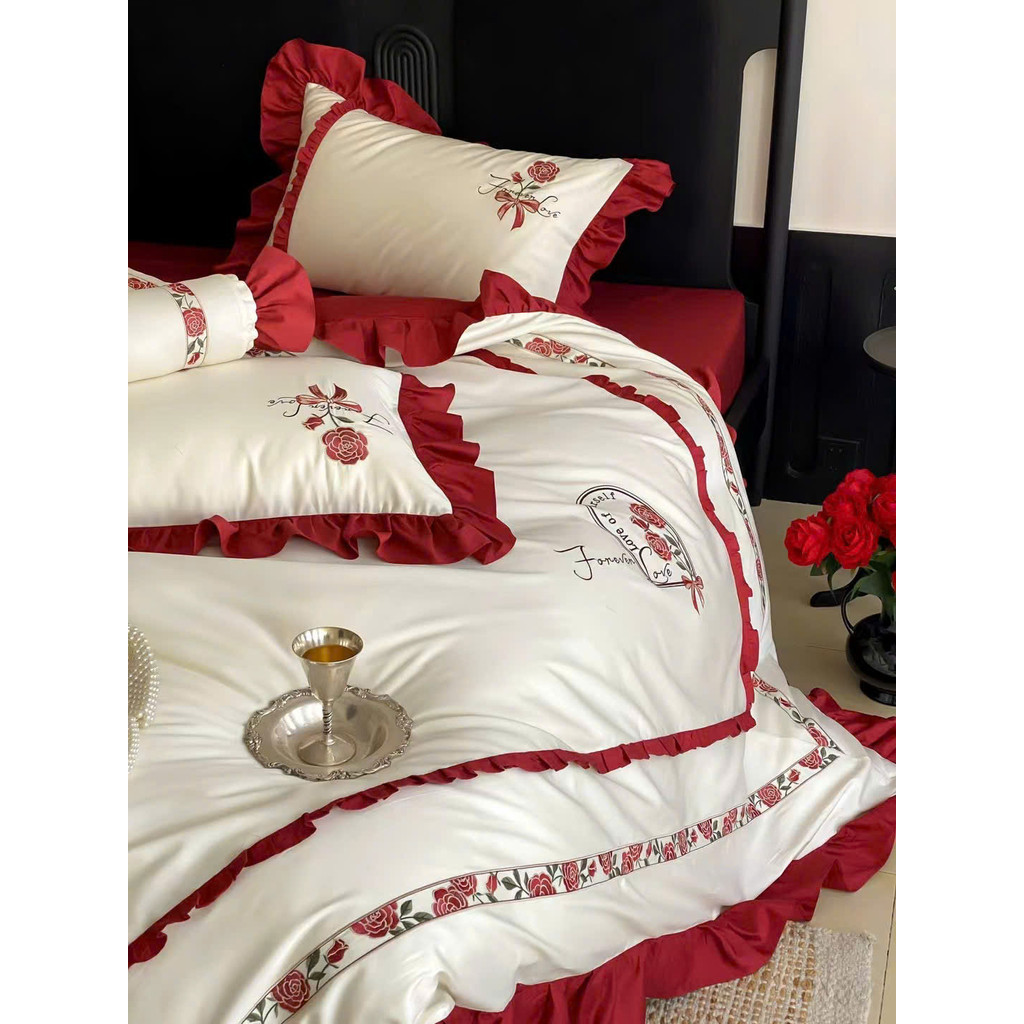(L41439)Bộ Chăn Ga Gối Cotton 100s Mềm Mại Mát Mẻ Thêu Hoa Hồng Thiết Kế Bèo Nhúm Tinh Xảo- MemMinbedding Luxury