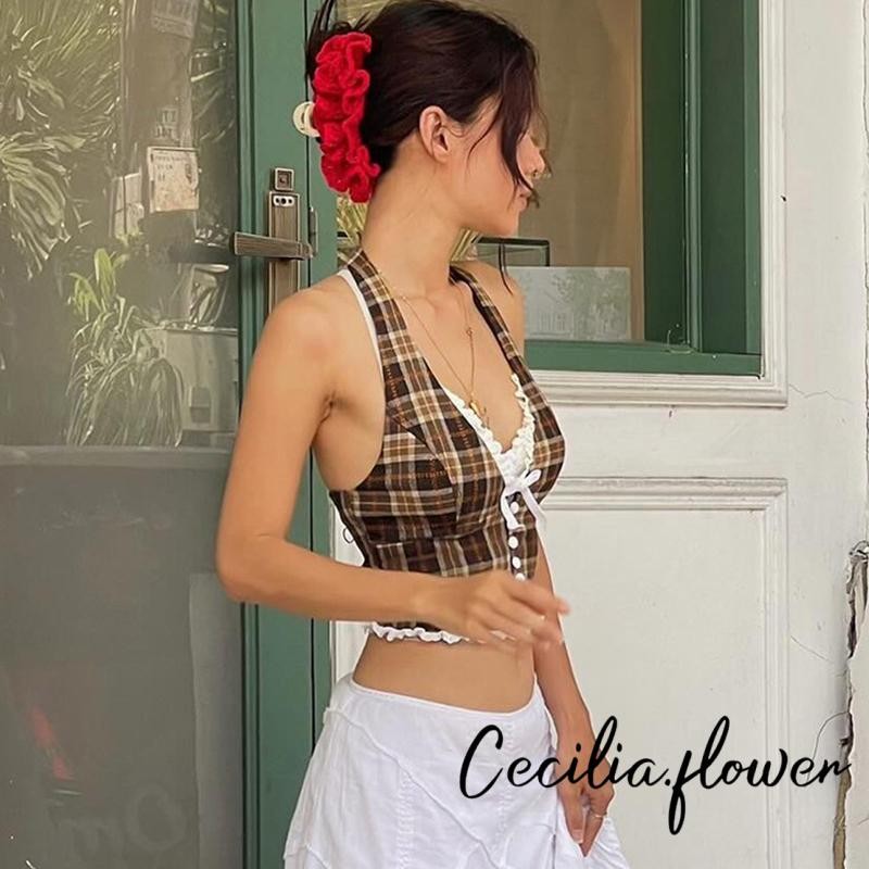 Nữ Dây Cổ Tank Tops Không Tay Ren Viền Kẻ Sọc In Crop Top Áo Sơ Mi Mùa Hè