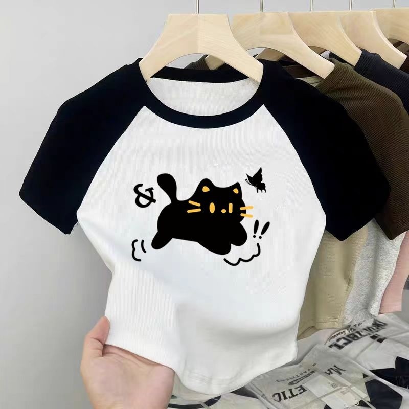 Áo thun Cotton hợp thời trang 2025 cho bé gái Khối màu Raglan Áo sơ mi ngắn tay mùa hè cho trẻ em