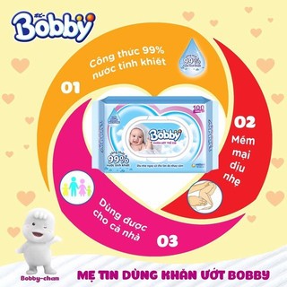 Bộ 6 gói Khăn ướt Bobby không mùi 100, 80 tờ/gói (Xanh) - Thảo Nhi Kid