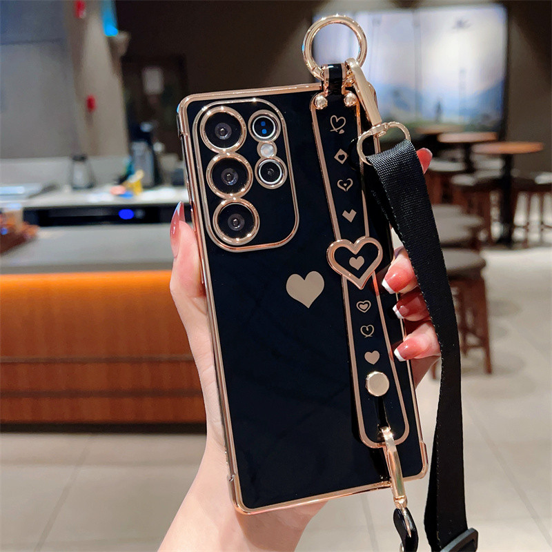 Mạ Dây Đeo Cổ Tay Silicon Bên Trái Tim Tình Yêu Dành Cho Samsung Galaxy S25 Edge S24 S23 S22 Ultra Plus S24 S23 S21 S20 FE Có Dây Đeo Ngang Chống Sốc