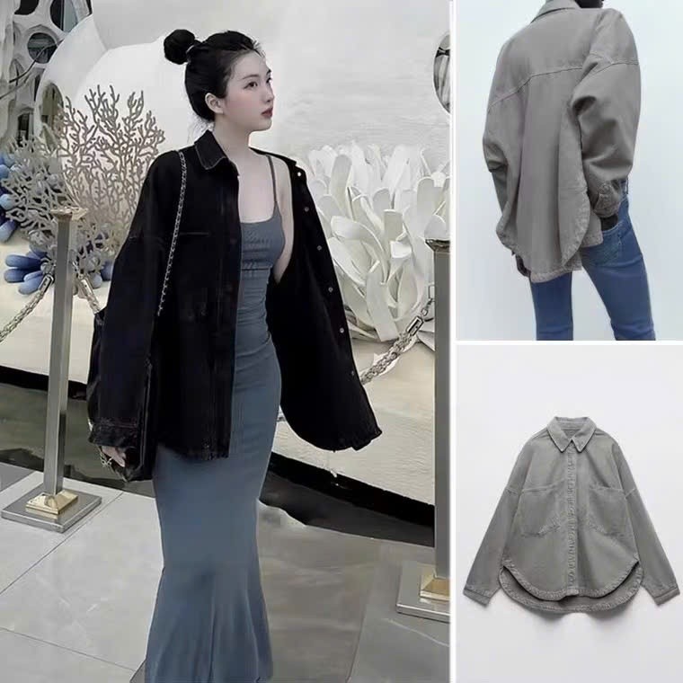 Áo Sơ Mi Kaki Cúc Bấm Vạt Bầu Đuôi Tôm KCloset Áo Khoác Denim Dày Dặn Dáng Rộng Nam Nữ NA789