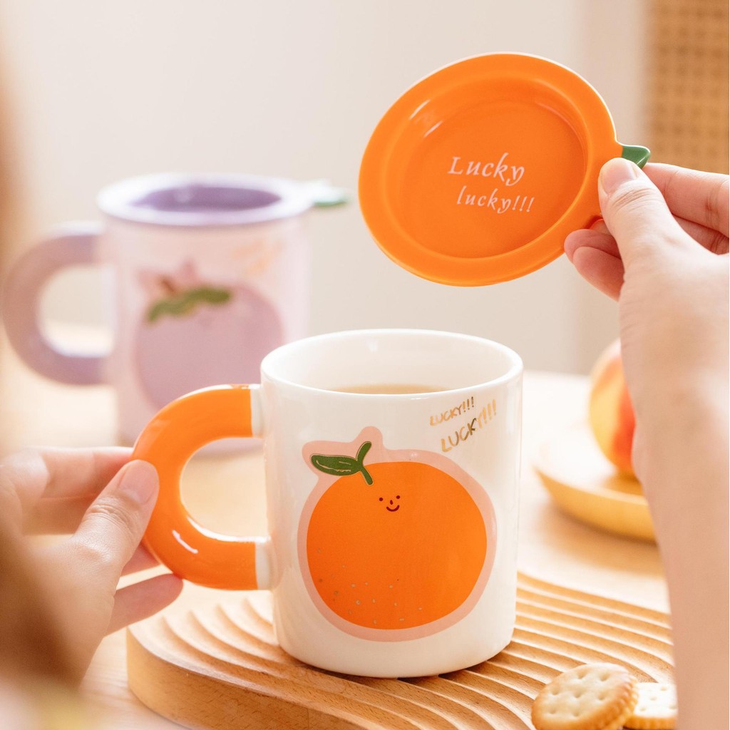 Ly Sứ Hình Trái Cây Có Nắp Dung Tích 360ml - Cốc Decor Dưa Hấu Cam Dễ Thương