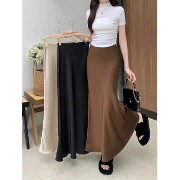 2025 Váy midi satin cho phụ nữ mùa hè, mỏng, eo cao, dài vừa, váy đuôi cá ôm sát, váy bodycon cỡ lớn, trang phục nữ