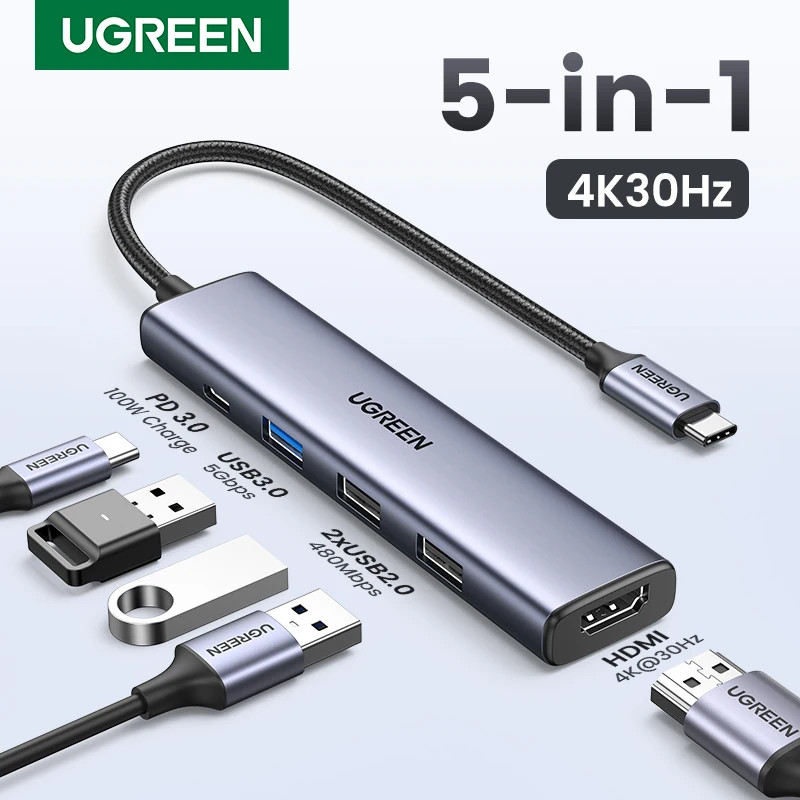 Ugreen Usb C Hub 4K HDMI 5 trong 1 Hub Usb 100W Bộ chuyển đổi đa chức năng Usb cho MacBook Pro