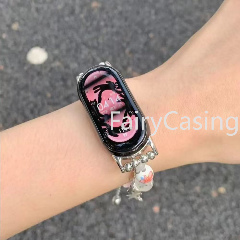 Trang Sức Co Giãn Vòng Tay Cho Xiaomi Mi Band 10 9 8 7 Hạt Vòng Tay Dây Đeo Nữ Thời Trang Ngôi Sao Mèo Cổ Tay Vòng Cho Miband 6 5 4 3 NFC
