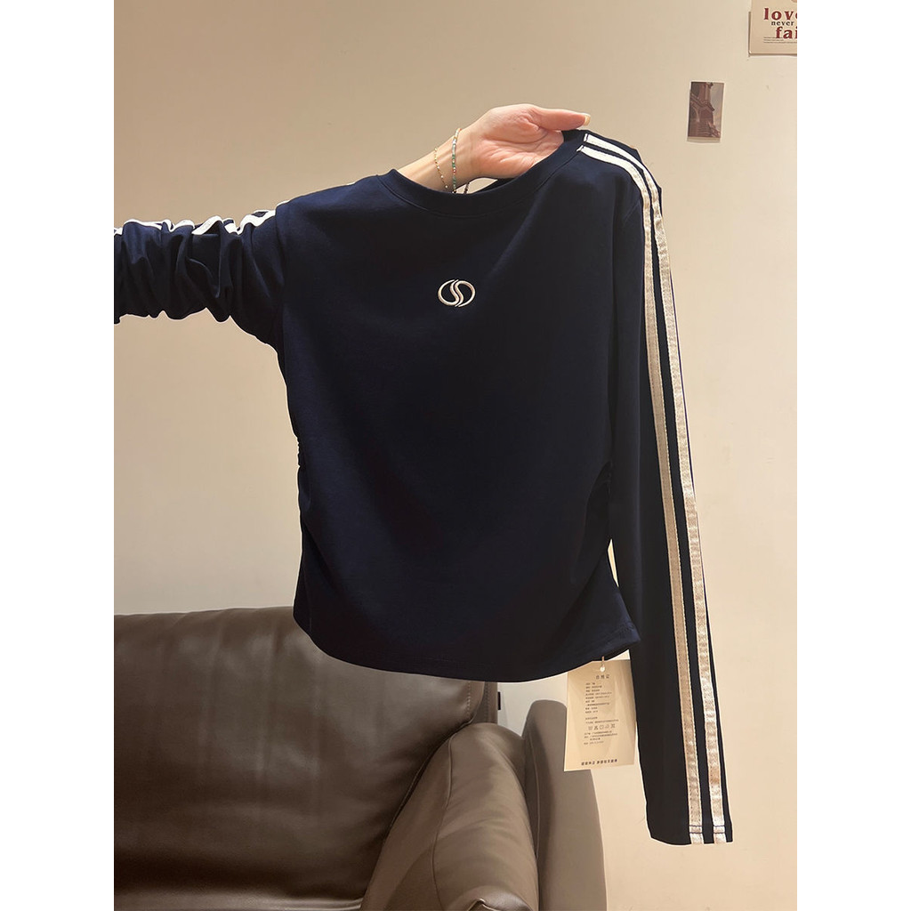 Áo phông dài tay thiết kế phối màu tương phản xanh navy Milyfashion áo mặc trong tôn dáng gầy chít eo xếp ly đầu thu cho nữ áo khí chất