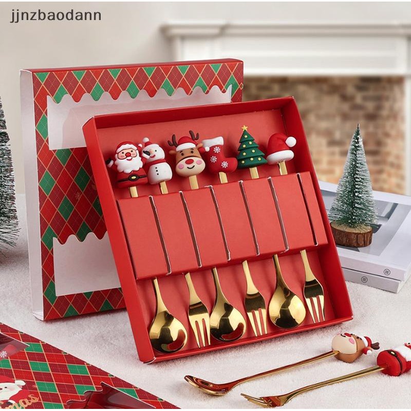 KXH Bộ thìa và nĩa Giáng sinh 2 / 4 / 6, Bộ đồ ăn sáng tạo bằng thép không gỉ, Bộ nĩa và thìa tráng miệng trà cà phê ELWW
