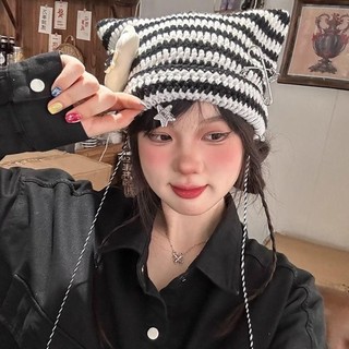 Mũ Beanie NCE Star Devil sọc Y2K, thiết kế ears cat trendy cho Thu Đông