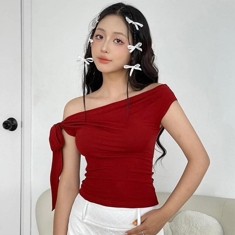 Áo Trễ Vai Kiểu Cộc Tay Kèm Dây Thắt Nơ PINKSTORE29 Phong Cách Dễ Thương A51194