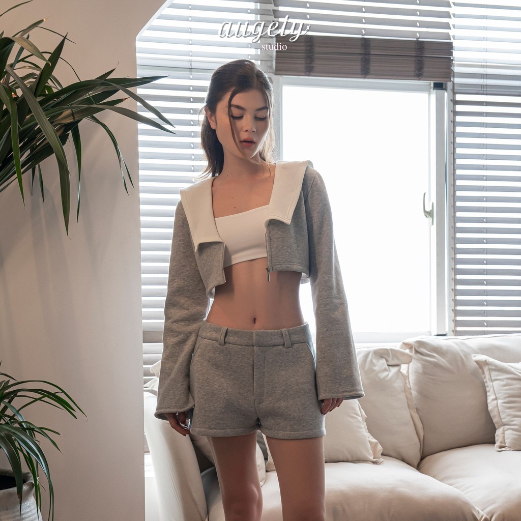 Set Áo Tay Dài Nỉ Form Croptop Và Quần Shorts Nỉ Augety Studio, NICO SWEAT Set