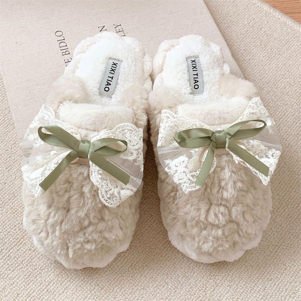 Dép sang trọng JKDESIGN, Dép Cotton ấm áp mùa đông nơ, Babouche sang trọng chống trượt mềm mại