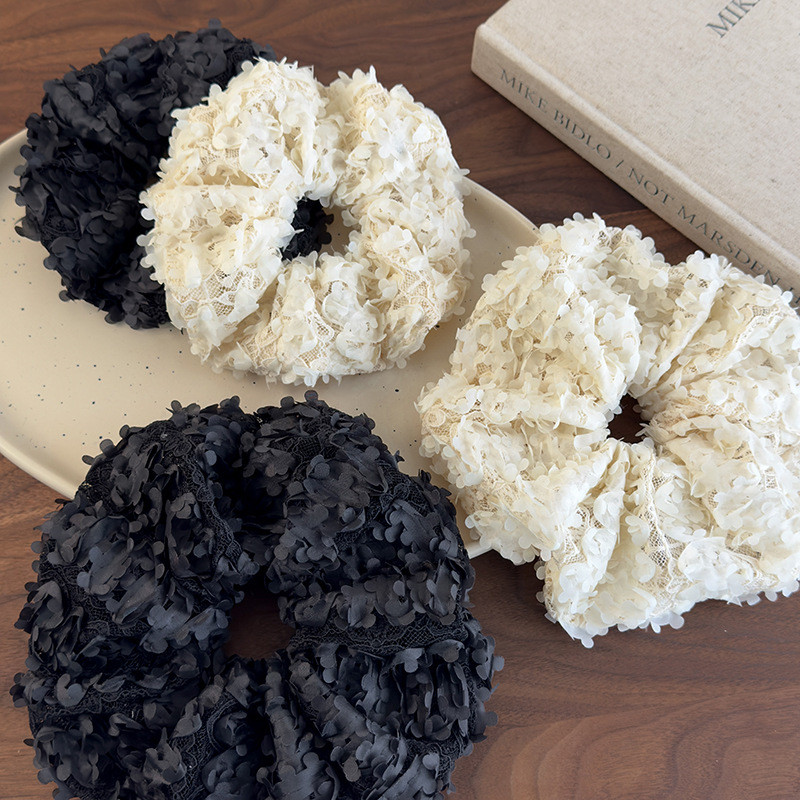 Hàn Quốc Phong Cách Mới Cánh Hoa Đen Trắng Ba Chiều Gạc Scrunchy Dây Buộc Tóc