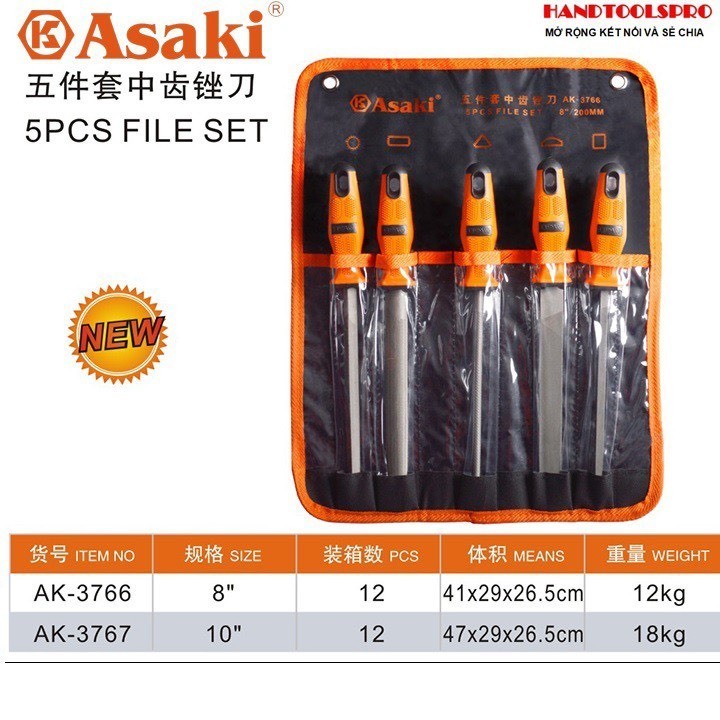 Bộ giũa sắt Asaki AK-3766,bộ dũa sắt Asaki AK-3767 5 chi tiết và 8 chi tiết,dũa mài kim loại,bộ dũa thô,bộ dũa mài