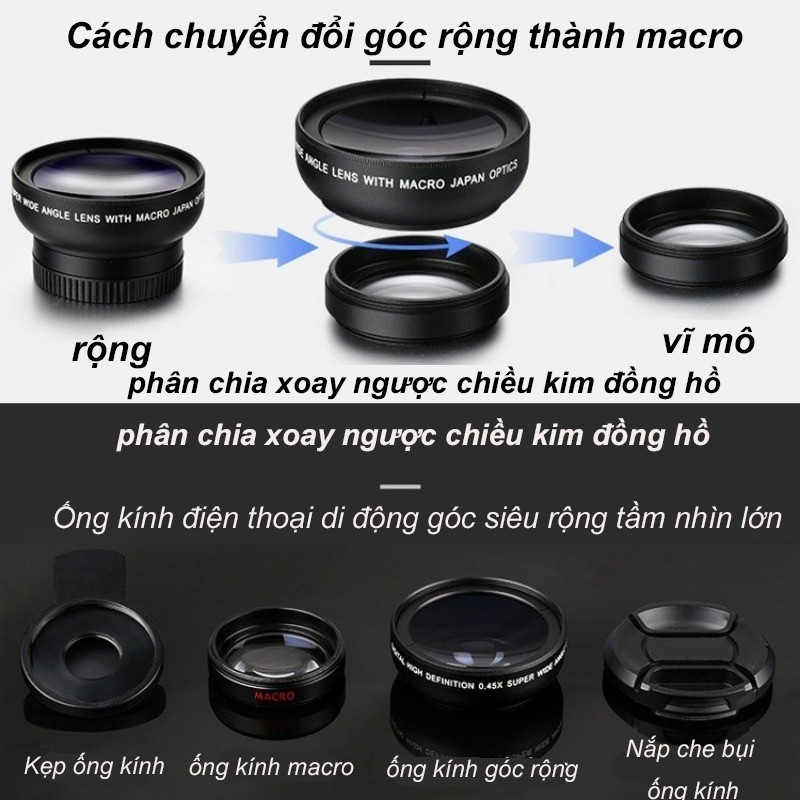 Bộ ống kính chụp ảnh dành cho điện thoại 2in1 góc rộng và macro,Cho IPhone Và Điện Thoại Android