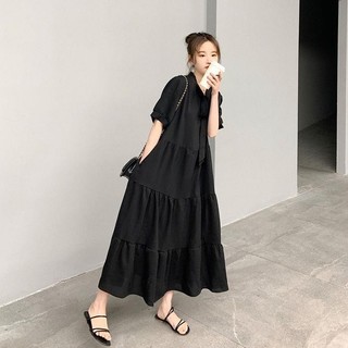 [Đầm đen phong cách Hàn Quốc Đầm dài mỏng nhẹ] Đầm cỡ lớn mùa hè Váy buộc dây ngắn tay mùa hè dành cho nữ sinh viên phiên bản Hàn Quốc Váy một mảnh dáng rộng dáng rộng dáng ôm hơn Phong cách Preppy Váy bánh dài vừa phải Quần áo nữ cỡ lớn hợp thời trang