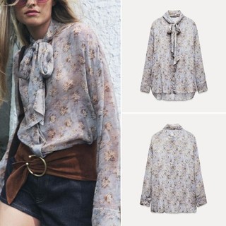 Áo sơ mi Zara made in Morocco voan hoa khăn nơ cổ