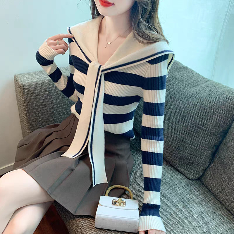 Suxi Pháp Retro Sọc Thu Đông Mới Áo Len Dệt Kim Dài Tay Áo Len Nữ 241118