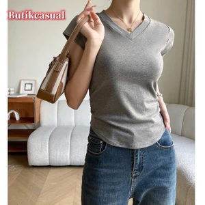 Áo thun nữ trơn cotton tay ngắn cổ chữ V áo mùa hè vẽ xếp li Áo thun dáng rộng áo thun nữ Áo sơ mi giản dị