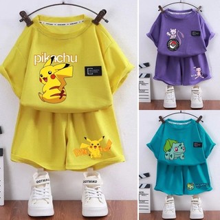 Pokémon Quần Short Tay Ngắn Pikachu Hoạt Hình In Hình Thoải Mái Waffle Vải Mỏng Bé Trai Và Bé Gái Mặc Mặc Ở Nhà Bộ Pyjama