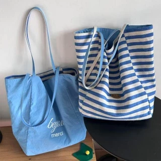 Túi Tote sọc hai mặt thời trang mới dành cho nữ đeo vai đa năng hợp thời trang Túi xách vải thông thường dung tích lớn