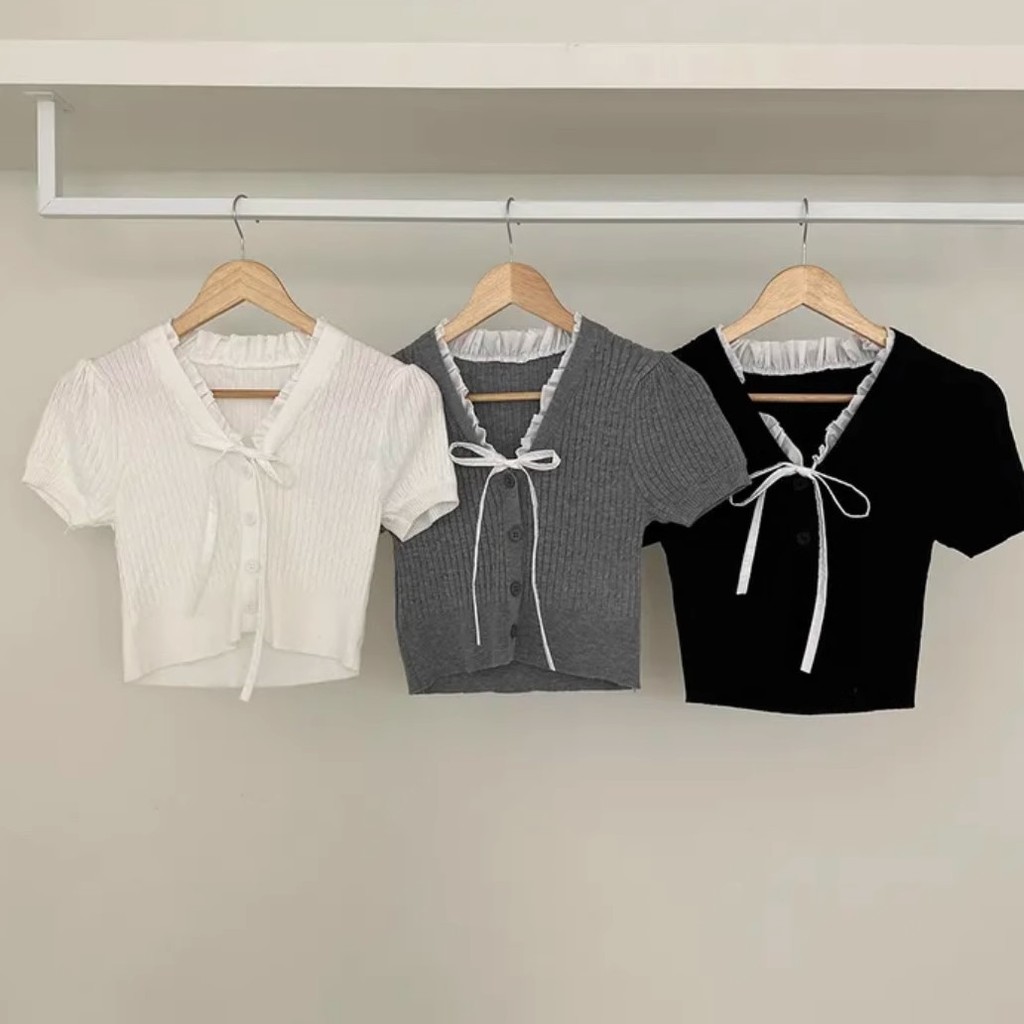 Áo len ngắn tay cổ V, ôm sát, đa năng, bằng lụa lạnh