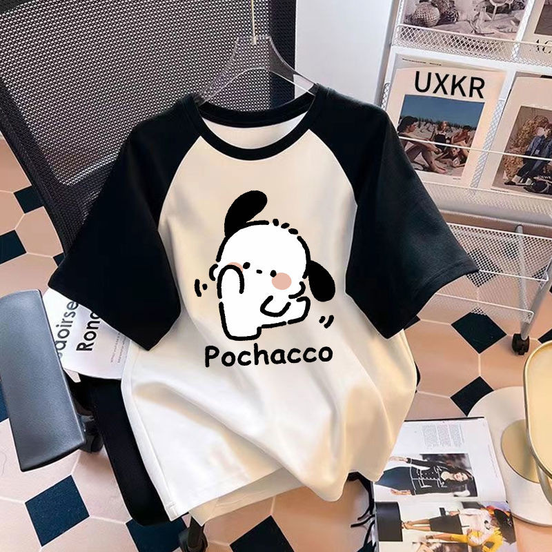2025 Ngộ nghĩnh Pochacco Biểu Hiện In Raglan Tee Cho Trẻ Em Màu Khối Áo Thun Cotton Cho Bé Trai Và Bé Gái