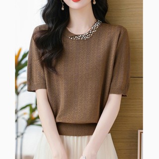 Công Nghiệp Nặng Đính Hạt Áo Thun Nữ Tay Ngắn Phong Cách Mới Thời Trang Phong Cách Phương Tây Trẻ Mẹ Mùa Hè Tencel Áo Len