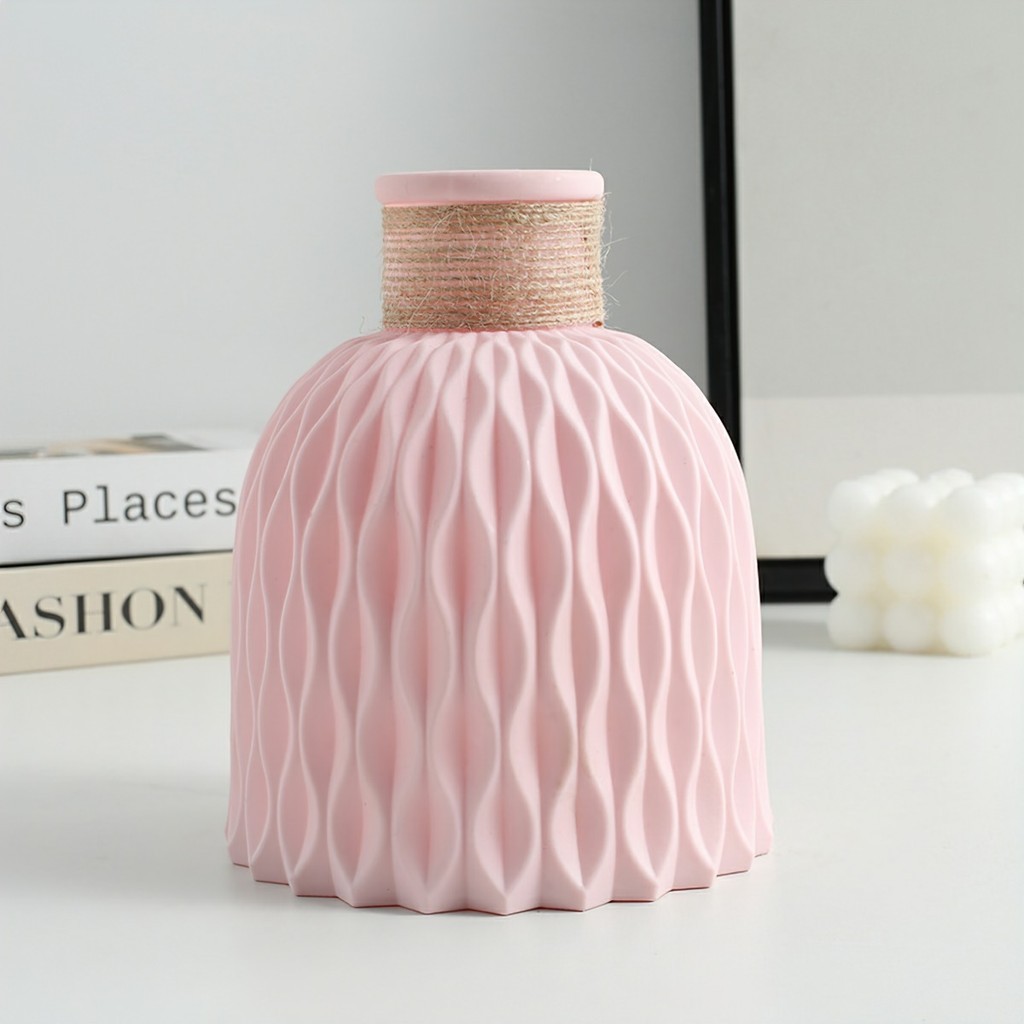Bình hoa lọ hoa nhựa dáng Origami thắt lưng giả gốm decor phong cách bắc âu họa tiết sọc đơn giản hiện đại sẵn dây gai