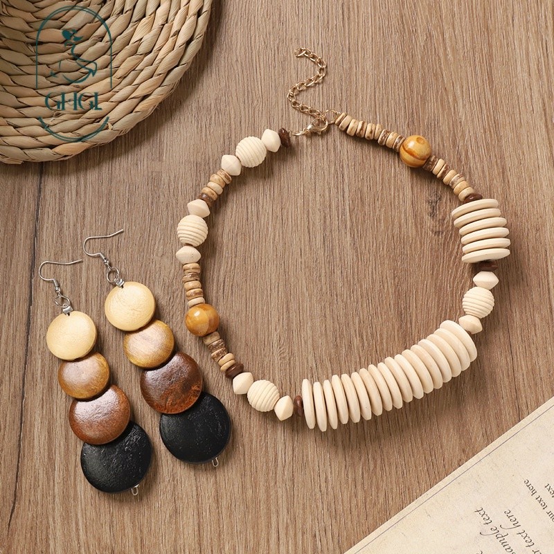 Ghgl❤️Bohemian Gỗ Xương Đòn Vòng Cổ Retro Merad Phong Cách Dân Tộc Bông Tai Niche Kỳ Lạ Kỳ Nghỉ Phong Cách Phụ Kiện Nữ