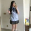 Áo babydoll xếp ly màu xanh tay ngắn đính nơ kiểu ulzzang thời trang hàn quốc