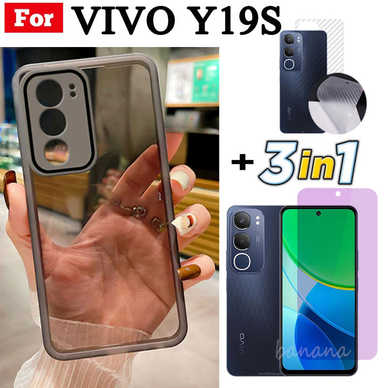 Ốp điện thoại trong suốt bằng silicon mềm TPU 3 trong 1 Vivo Y19S Y18 Y18E Y28 4G Y03 có vỏ bảo vệ Camera + Kính cường lực riêng tư + Phim mặt sau