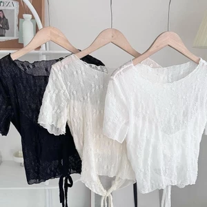 Áo nữ kiểu ren thun hoa nổi tay ngắn rút dây lưng ôm dáng cá tính top