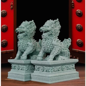 Cặp Tượng Kỳ Lân Bằng Đá Sa Thạch Xanh Dùng Trang Trí Bàn Trà Đạo, Bàn Làm Việc, Không Gian Tiểu Cảnh thủy Sinh, Bể Cá