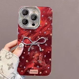 Phim Bảo Vệ Ống Kính Lấp Lánh 3D Nơ Hoa Đỏ Wrsit Dây Xích Ốp Lưng Điện Thoại iPhone 17Promax 16 Pro Max 11 12 13 14 15 Promax Nữ Vỏ Di Động